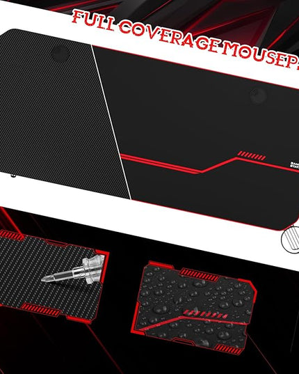 55'' Gaming Desk, Multi-Use Home Office T-Shaped Computer Workstation, Carbon Fiber Surface PC Study Table, Full Cover Mousepad, Drink Holder, Wire Holes, Headphone Hook, Cable Tray, Red - LeafyLoom