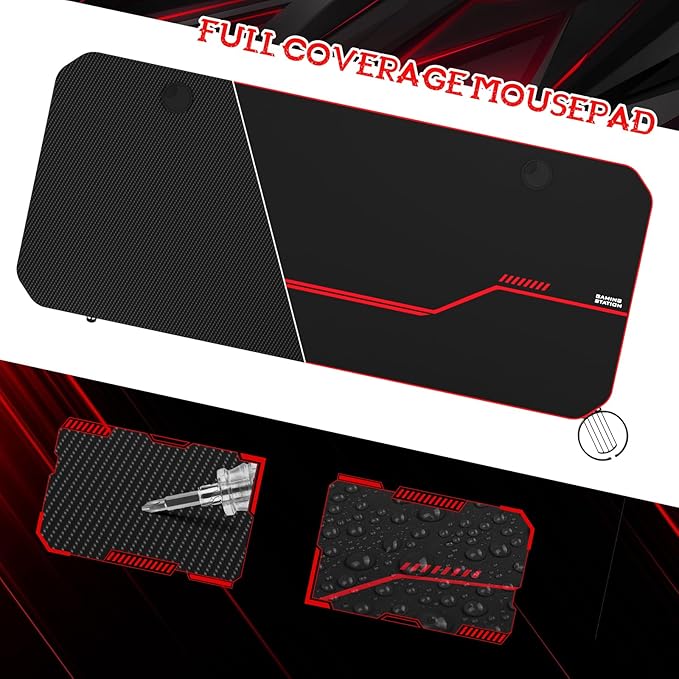55'' Gaming Desk, Multi-Use Home Office T-Shaped Computer Workstation, Carbon Fiber Surface PC Study Table, Full Cover Mousepad, Drink Holder, Wire Holes, Headphone Hook, Cable Tray, Red - LeafyLoom