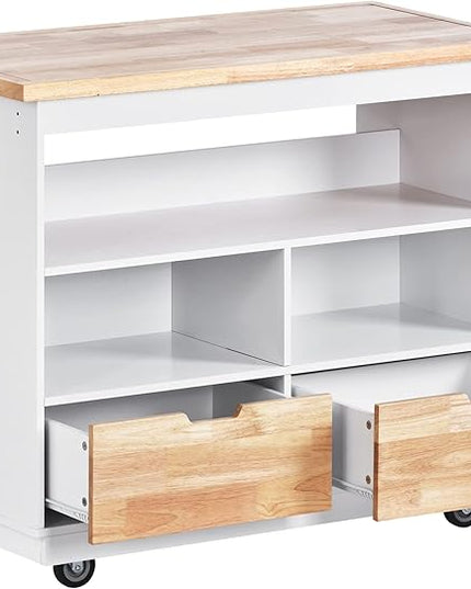 Rolling Storage, Two-sided Kitchen Island Cart on Wheels with Wood Top, Wine and Spice Rack, 2 Drawers, 3 Open Compartments, for Dining Room, Home, White, 46 Inch - LeafyLoom