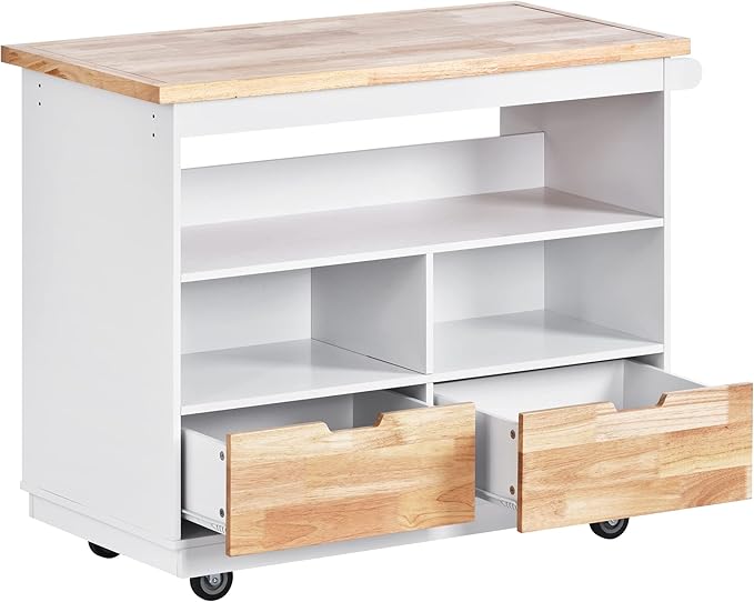 Rolling Storage, Two-sided Kitchen Island Cart on Wheels with Wood Top, Wine and Spice Rack, 2 Drawers, 3 Open Compartments, for Dining Room, Home, White, 46 Inch - LeafyLoom