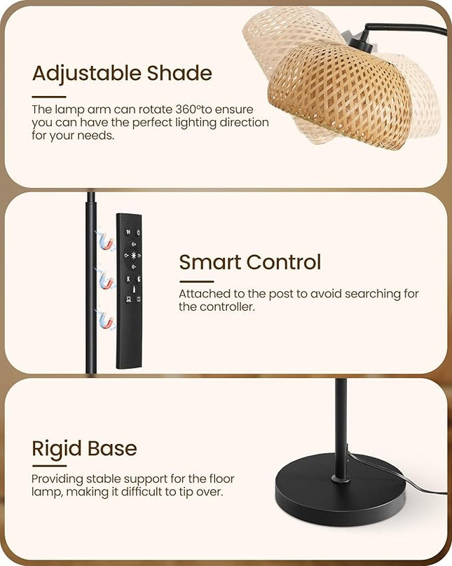 Boho Floor Lamp, Dimmable Floor Lamp, Bamboo Shade Corner Floor Lamp, Reading Lamp Height Adjustable with Remote, for Living Room, Bedroom, Study Room, 10W LED Bulb Included, Black B9LD05 - LeafyLoom