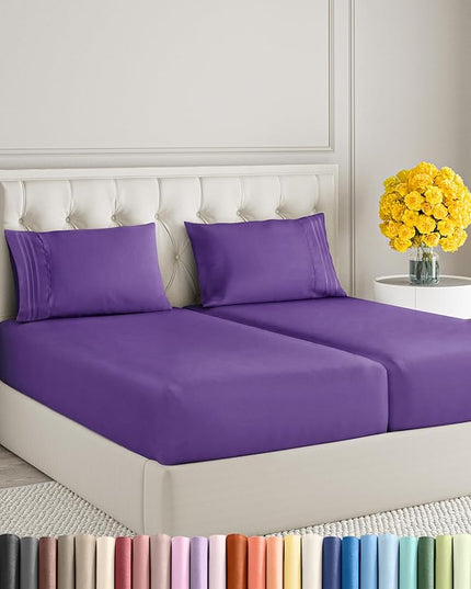 Split King Size 5 Piece Sheet Set - Comfy Breathable & Cooling Sheets - Hotel Luxury Bed Sheets for Women & Men - Deep Pockets, Easy-Fit, Soft & Wrinkle Free Sheets - Purple Oeko-Tex Bed Sheet Set - LeafyLoom