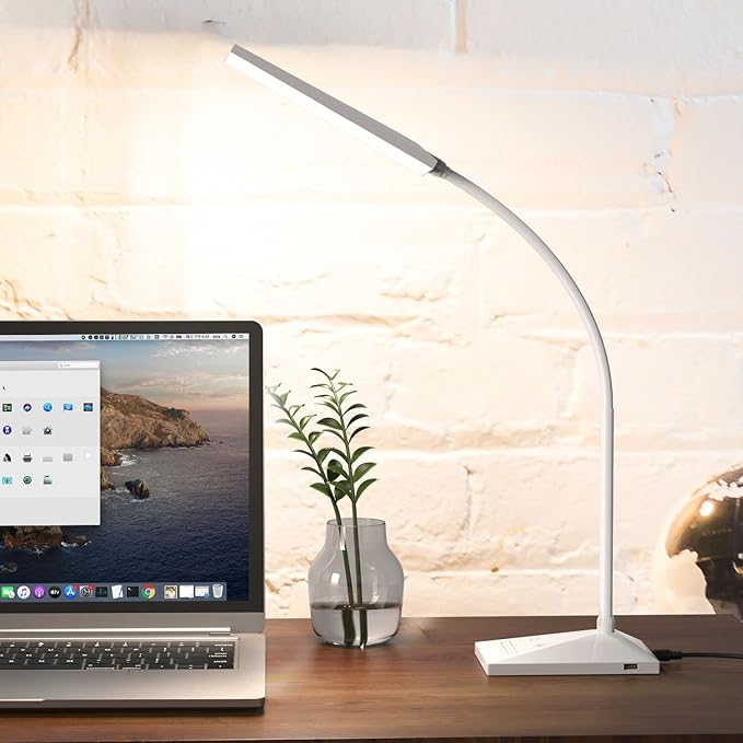 Vansuny LED Desk Lamp with USB Charging Port, Eye-Caring, 5 Color Modes,6 Brightness Levels, Touch Control, Flexible Gooseneck, Memory Function for Dorm Office Work Bedroom (12W,White) - LeafyLoom