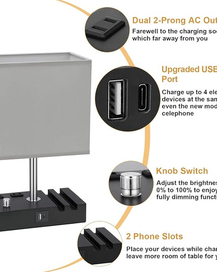 Kakanuo Table Lamp for Bedroom with Dual USB Ports, Grey Fully Dimmable Bedside Lamp with Phone Stands and 2 Charging Outlets, Desk Lamp for Nightstand and Living Room, LED Bulb Included - LeafyLoom
