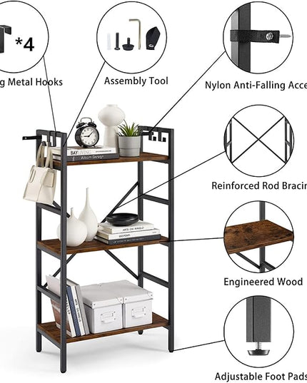 3 Tier Bookshelf, Bookcase Shelf Storage Organizer, Modern Book Shelf for Bedroom, Living Room and Home Office, Wood & Metal (Rustic Brown) - LeafyLoom