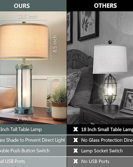 Set of 2 Rustic Table Lamps for Living Room with 2 USB Ports, Farmhouse Vintage Nightstand Lamp with White Glass Nightlight, Retro Desk Lamps for Bedroom End Table (Retro Green) - LeafyLoom