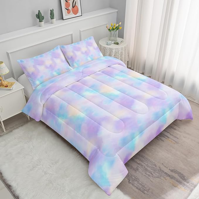 Axolotl Tie Dye Bedding Set Queen,Pink Blue Purple Comforter Set,Boho Psychedelic Bedding Colorful Tie Dye Pastel Comforter Set,Rainbow Bedding Set for Kids Girls Teens Women,1 Quilt 2 Pillowcases - LeafyLoom