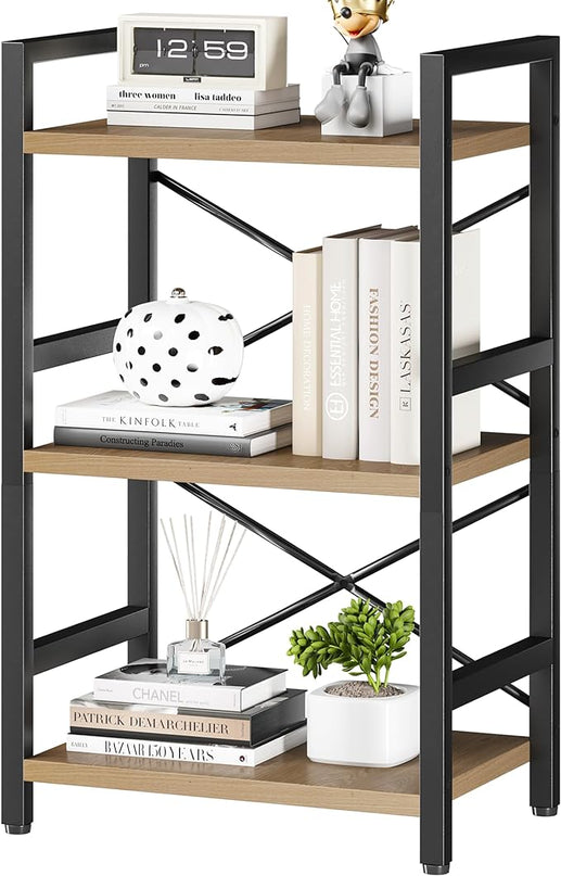 Bookshelf, 3 Tier Industrial Bookcase, Metal Small Bookcase, Rustic Etagere Book Shelf Storage Organizer for Living Room, Bedroom, and Home Office(Light Coffee) Patent Pending D29873033 - LeafyLoom