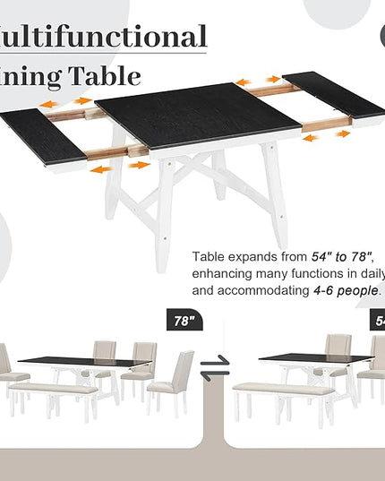 Classic Dining Table Set for 6 with 78" Extendable Rectangular Tabletop with Two 12" W Removable Leaves and 4 Upholstered Chairs & 1 Bench for Kitchen Living Room, White+Black - LeafyLoom