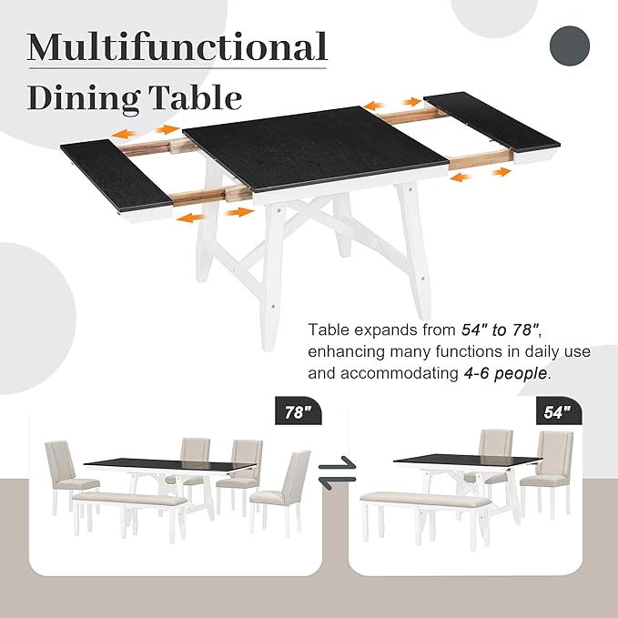 Classic Dining Table Set for 6 with 78" Extendable Rectangular Tabletop with Two 12" W Removable Leaves and 4 Upholstered Chairs & 1 Bench for Kitchen Living Room, White+Black - LeafyLoom