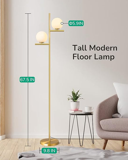 EDISHINE 67.5in Mid Century Modern Globe Floor Lamp, Upgraded Dimmable Gold Standing Lamps for Living Room, Frosted Glass Shade, LED Tall Pole Lamp for Bedroom-Brass Plating - LeafyLoom