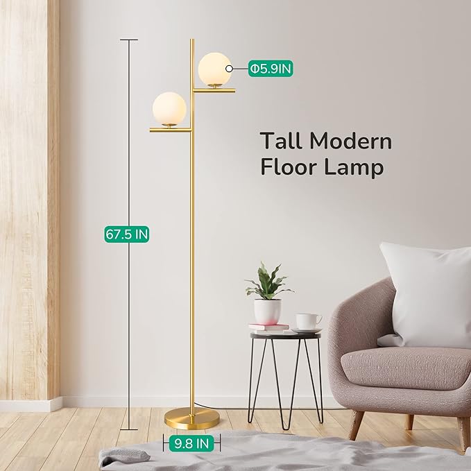 EDISHINE 67.5in Mid Century Modern Globe Floor Lamp, Upgraded Dimmable Gold Standing Lamps for Living Room, Frosted Glass Shade, LED Tall Pole Lamp for Bedroom-Brass Plating - LeafyLoom
