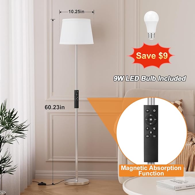 【Upgraded】Floor Lamps for Living Room, Modern Floor Lamp with Remote Control, Dimmable Colors Temperature Standing Lamp Foot Switch, 9W Bulb Tall Lamps for Bedroom Office Kid Room - Silver - LeafyLoom