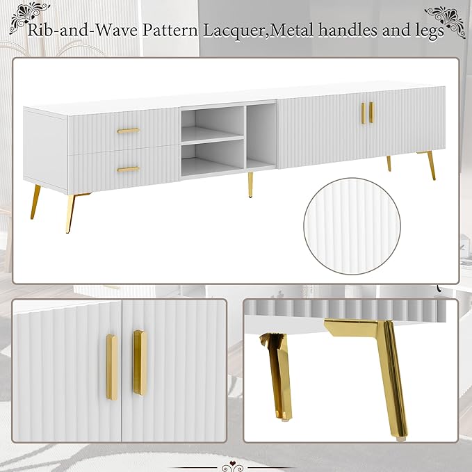 71 Inch TV Stand, Modern Television Stands with Drawers, Cabinets and Open Shelf, Entertainment Center with 5 Champagne Legs for Living Room and Bedroom, White+Gold - LeafyLoom