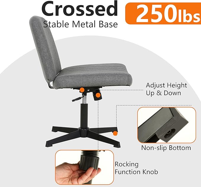 FDW Criss Cross Chair Armless Cross Legged Office Desk Chair Adjustable Swivel Ergonomic Gaming Chair No Wheels Backrest with Wide Seat Native Sponge Computer Task Vanity Chair for Home Office,Grey - LeafyLoom
