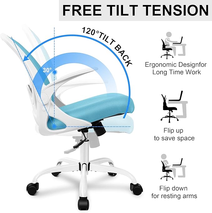 Primy Office Chair Ergonomic Desk Chair with Adjustable Lumbar Support and Height, Swivel Breathable Desk Mesh Computer Chair with Flip up Armrests for Conference Room（Blue） - LeafyLoom