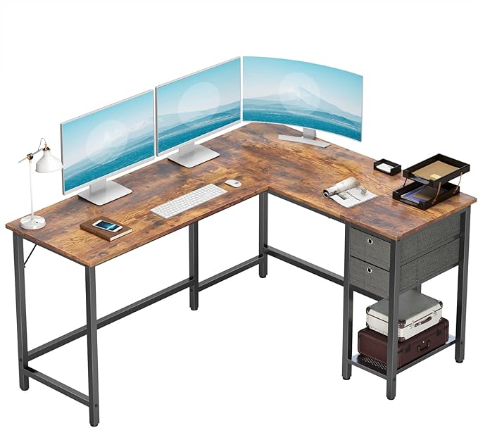 BANTI L-Shaped Computer Desk, Home Office Corner Desk with Non-Woven Drawer, Sturdy Writing Table, Space-Saving,Brown - LeafyLoom