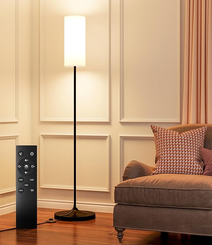 LED Floor Lamp for Living Room, Dimmable Standing Lamps with Foot Switch,Remote Custom Color Temperature Black Pole Lamp with Lampshade,12W Led Bulb Tall Lamps for Bedroom Office Kid Room - LeafyLoom