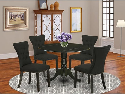 East West Furniture DLGA5-BLK-24 5 Piece Kitchen Table Set for 4 Includes a Round Dining Room Table with Dropleaf and 4 Black Linen Fabric Upholstered Chairs, 42x42 Inch, Black - LeafyLoom