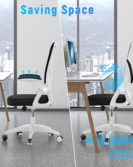 naspaluro Ergonomic Office Chair, Mid-Back Computer Chair with Adjustable Height, Flip-Up Arms and Lumbar Support, Breathable Bright White Mesh Desk Chair for Home Study Working - LeafyLoom