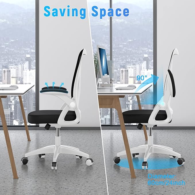 naspaluro Ergonomic Office Chair, Mid-Back Computer Chair with Adjustable Height, Flip-Up Arms and Lumbar Support, Breathable Bright White Mesh Desk Chair for Home Study Working - LeafyLoom