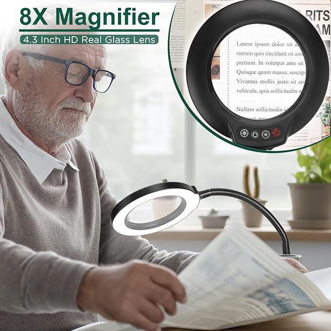 8X Magnifying Glass with Light and Stand, 5 Color Modes Stepless Dimmable Flexible Gooseneck Magnifying Desk Lamp, LED Lighted Magnifier Hands Free for Craft Reading Painting Close Work Hobby - LeafyLoom