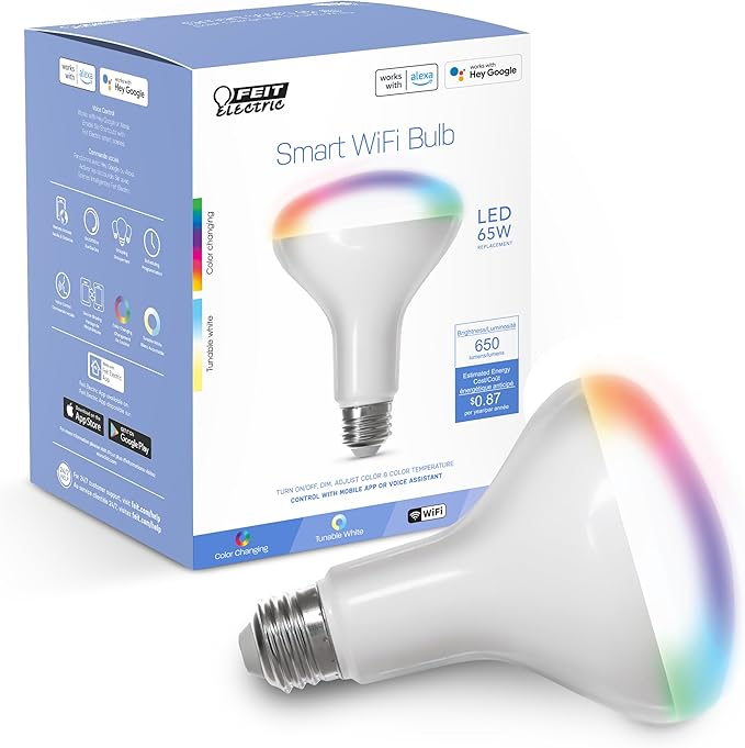Feit Electric BR30 Smart Flood Light Bulb,2.4GHz WiFi Color Changing and Dimmable, No Hub, Works with Alexa or Google Assistant, BR30/RGBW/CA/AG, 65W, Multi-Color (RGBW), 1 Count (Pack of 1) FeitElectricCompany