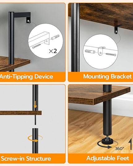 HOOBRO DIY Ladder Shelf, 6-Tier Wooden Wall Mounted Bookshelf, Narrow Bookcase, Display Shelf, Storage Rack, Plant Stand, for Living Room, Bedroom, Study, Balcony, Rustic Brown and Black BF651CJ01 - LeafyLoom