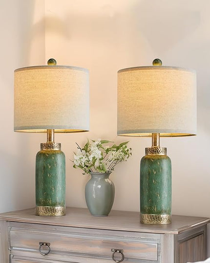 20.25" Table Lamps Set of 2 Small Table Lamp for Bedroom Living Room Green Lamp Farmhouse Lamp Vintage Rustic Boho Bedside Lamps Mid Century Side Table Nightstand Lamp Home Office Retro Deco - LeafyLoom