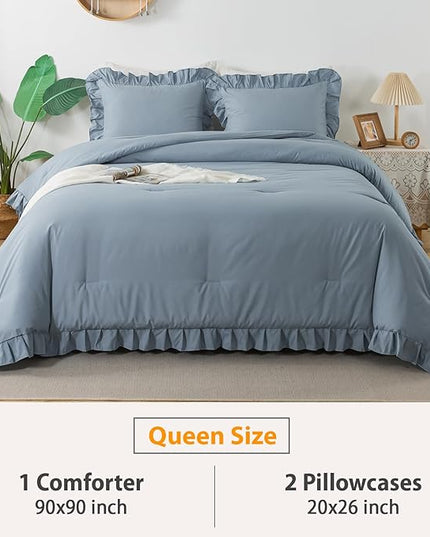 Andency Grayish Blue Queen Comforter Set(90x90Inch), 3 Pcs(1 Ruffle Comforter and 2 Pillowcases) Solid Bedding Comforter Sets for Queen Bed, Lightweight and Fluffy Soft Microfiber Bedding Set - LeafyLoom