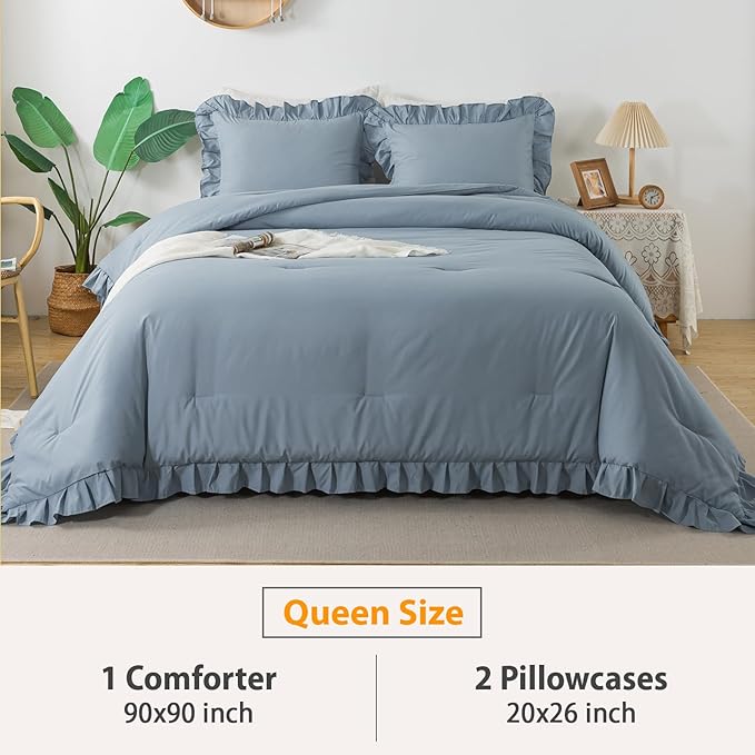 Andency Grayish Blue Queen Comforter Set(90x90Inch), 3 Pcs(1 Ruffle Comforter and 2 Pillowcases) Solid Bedding Comforter Sets for Queen Bed, Lightweight and Fluffy Soft Microfiber Bedding Set - LeafyLoom
