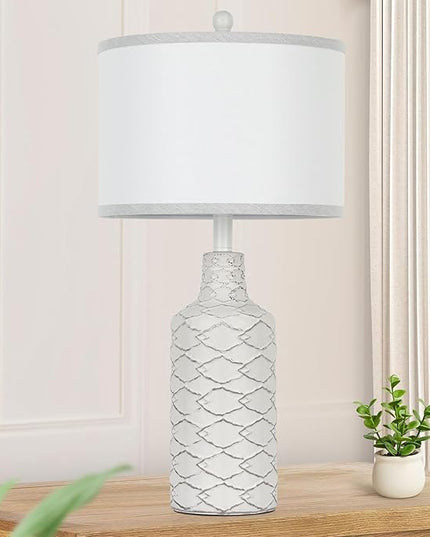 Modern Farmhouse Ceramic Nightstand Lamp, 25in Tall, White, with Handcrafted Base and Fabric Shade, E26 Socket, Bulb Excluded - LeafyLoom