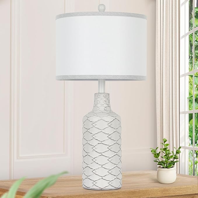 Modern Farmhouse Ceramic Nightstand Lamp, 25in Tall, White, with Handcrafted Base and Fabric Shade, E26 Socket, Bulb Excluded - LeafyLoom