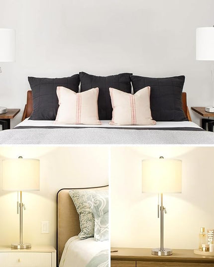 Brushed Nickel Table Lamps Set of 2: 22" to 30" Height Adjustable Nightstand Lamps with White Linen Shade | Pull Chain Switch | Silver Pole Beside Lamp for Living Room Bedroom - LeafyLoom