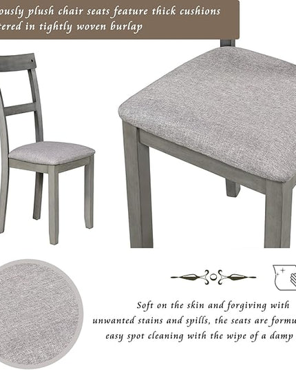 RITSU 5 piece set industrial wooden table and 4 chairs, high density foam linen upholstery, suitable for dining, living room, kitchen and various small spaces, gray - LeafyLoom