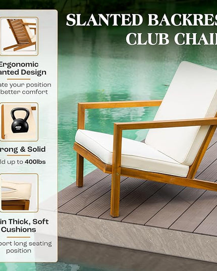 Eleve 400lbs Capacity Outdoor Set of 2 with Wooden Side Table, FSC Certified Acacia Wood Patio Furniture Set for Firepit Porch, Large, Slanted Backrest Club Chair - LeafyLoom