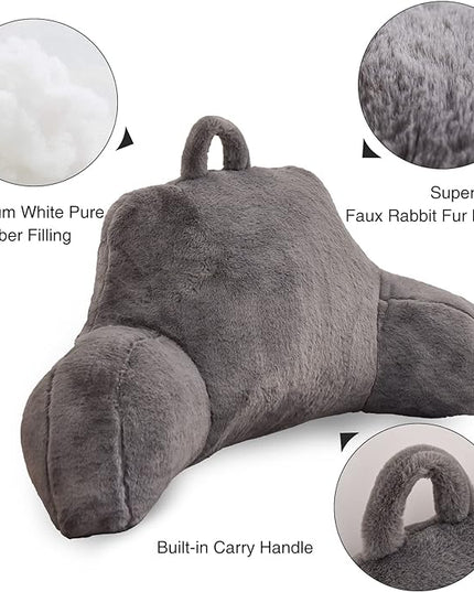 Aimuan Reading Pillow Bed Rest Pillow with Arms Rabbit Fur Cushion for Adults Teens Incline Rest Sitting up & Sleeping Snoring Pillow with Pregnancy Lumbar Back Support (Standard, Grey) - LeafyLoom