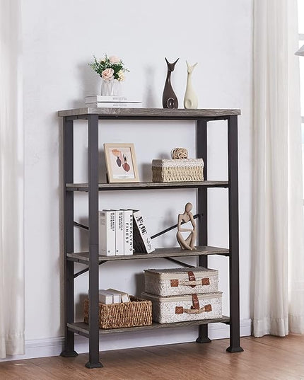 HOMBAZAAR Bookshelf, 4-Tier Vintage Industrial Book Shelf, Rustic Wood and Metal Bookcase and Bookshelves, Free Standing Storage Large Bookshelf for Living Room, Bedroom and Kitchen, Grey Oak - LeafyLoom