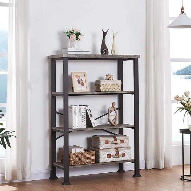HOMBAZAAR Bookshelf, 4-Tier Vintage Industrial Book Shelf, Rustic Wood and Metal Bookcase and Bookshelves, Free Standing Storage Large Bookshelf for Living Room, Bedroom and Kitchen, Grey Oak - LeafyLoom