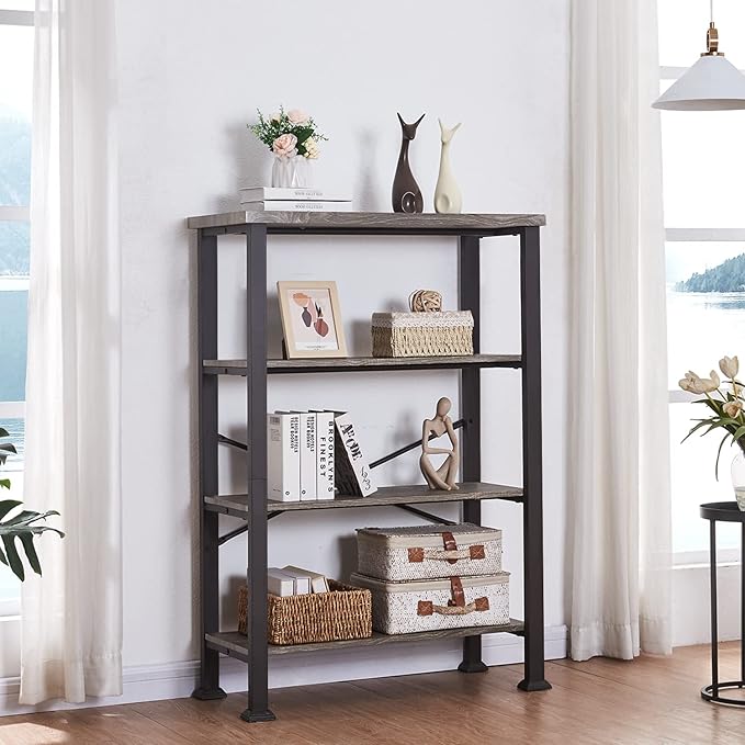 HOMBAZAAR Bookshelf, 4-Tier Vintage Industrial Book Shelf, Rustic Wood and Metal Bookcase and Bookshelves, Free Standing Storage Large Bookshelf for Living Room, Bedroom and Kitchen, Grey Oak - LeafyLoom