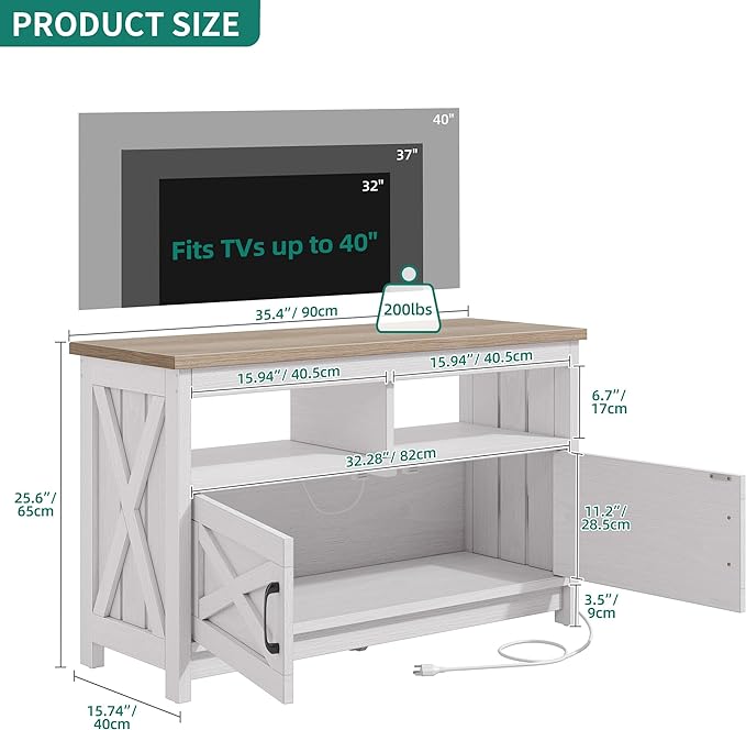 YITAHOME TV Stand with Power Outlet, Farmhouse Entertainment Center for up to 40 Inch TV, Modern TV Cabinet Media Console Table for Living Room, X-Shape Design, Grey White/Grey Wash - LeafyLoom