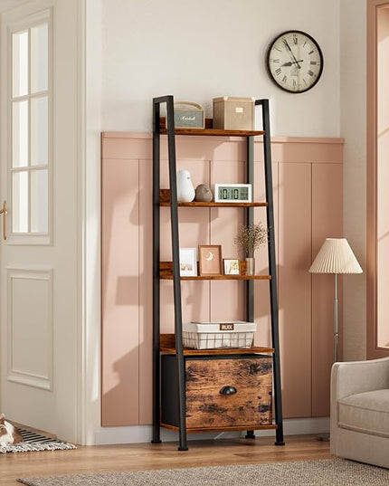 Furologee 5-Tier Ladder Shelf, Ladder Bookshelf with Removable Drawer, Rustic Bookcase Storage Rack Organizer, Wood Metal Freestanding Storage Shelf for Living Room, Home Office, Bedroom, Balcony - LeafyLoom