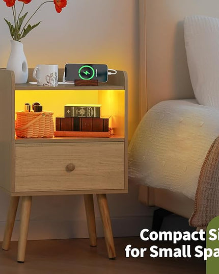 Yoobure Nightstand with Charging Station, Modern Night Stand with LED Lights, Wood Nightstands with Fabric Drawer & Storage Shelf, Night Stands Bedside Table with USB Ports for Bedroom, Office, Home - LeafyLoom
