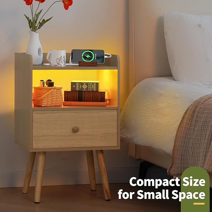 Yoobure Nightstand with Charging Station, Modern Night Stand with LED Lights, Wood Nightstands with Fabric Drawer & Storage Shelf, Night Stands Bedside Table with USB Ports for Bedroom, Office, Home - LeafyLoom