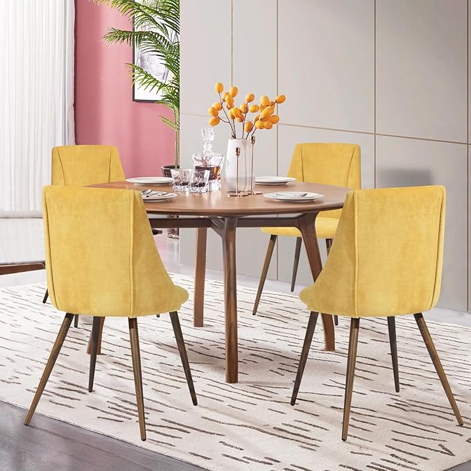 FurnitureR Dining Chairs Set of 2 Modern Fabric Upholstered Side Chairs Accent Chair Lving Room Chair with Soft Seat/Metal Legs for Home Kitchen Restaurant, Yellow - LeafyLoom