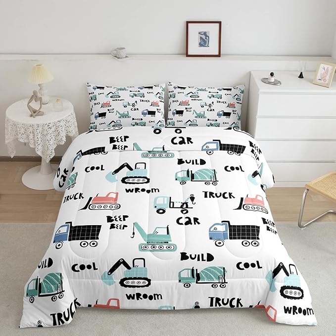 Feelyou Cartoon Tractor Ultra Soft Bedding Set Cars Kawaii Comforter Set for Kids Boys Toddler Vehicle Truck Comforter Equipment Transport Cute Quilt Set Bedroom Collection 2Pcs Twin Size - LeafyLoom