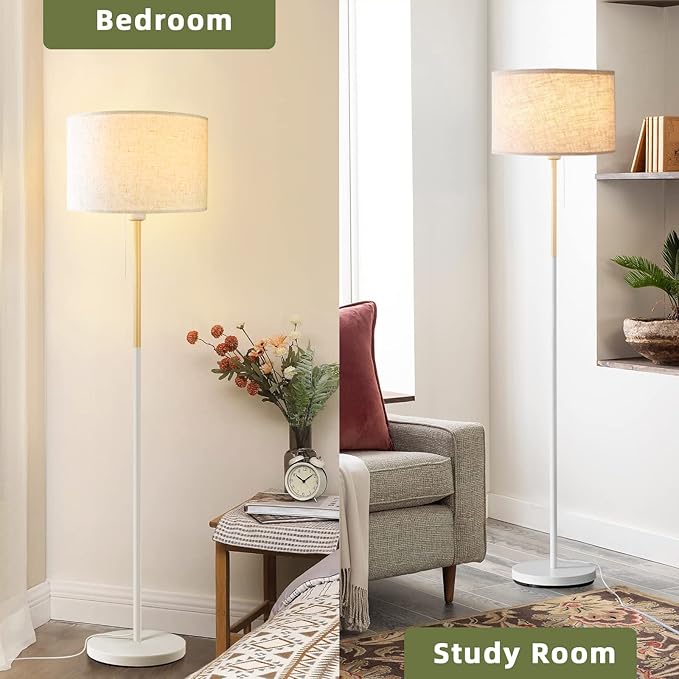 Modern Floor Lamp for Living Room Traditional Farmhouse Floor Lamps Mid-Century Pole Lamp with Linen Lamp Shade, Standing Tall Floor Lamps for Bedrooms and Office (White) - LeafyLoom