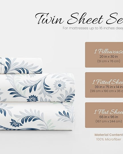 Linen Market 3 Piece Twin Bedding Sheet Set (Navy Blue Floral) - Sleep Better Than Ever with These Ultra-Soft & Cooling Bed Sheets for Your Twin Size Bed - Deep Pocket Fits 16" Mattress - LeafyLoom