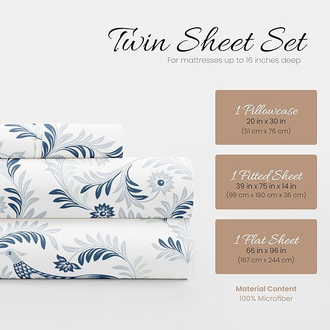 Linen Market 3 Piece Twin Bedding Sheet Set (Navy Blue Floral) - Sleep Better Than Ever with These Ultra-Soft & Cooling Bed Sheets for Your Twin Size Bed - Deep Pocket Fits 16" Mattress - LeafyLoom