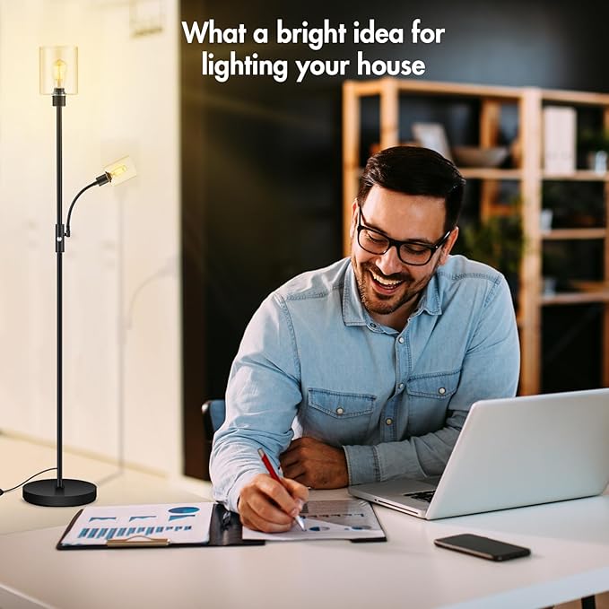 BoostArea Floor Lamp, 6W Black Modern Floor Lamp with 4W Adjustable Reading Lamp, 2700K Energy-Saving LED Bulbs Included, Industrial Bright Floor Lamp for Bedroom, Living Room and Office - LeafyLoom
